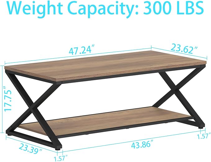 HSH Rustic Wood Coffee Table, Modern Farmhouse Living Room Table, Minimalist Center Table with Storage & Display Shelf, 2 Tier Simple Rectangle Cocktail Tea Table for Home Office Bedroom, 47 Inch