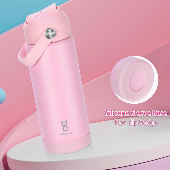 18oz Kids Insulated Water Bottle with Straw Lid & Silicone Handle,Kids Leak Proof Water Bottle for School Boys Girls,Double Wall Vacuum Stainless Steel with Non-slip Silicone Base(LightPink)