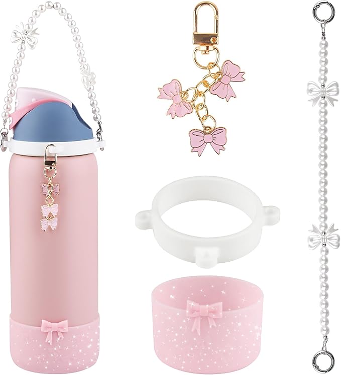 Water Bottle Accessories Set for Owala FreeSip 24oz、32 oz– Includes Pearl Handle Strap, Bow Charms,2.9in .3inch Silicone Bling Boot for Owala Accessories for Women
