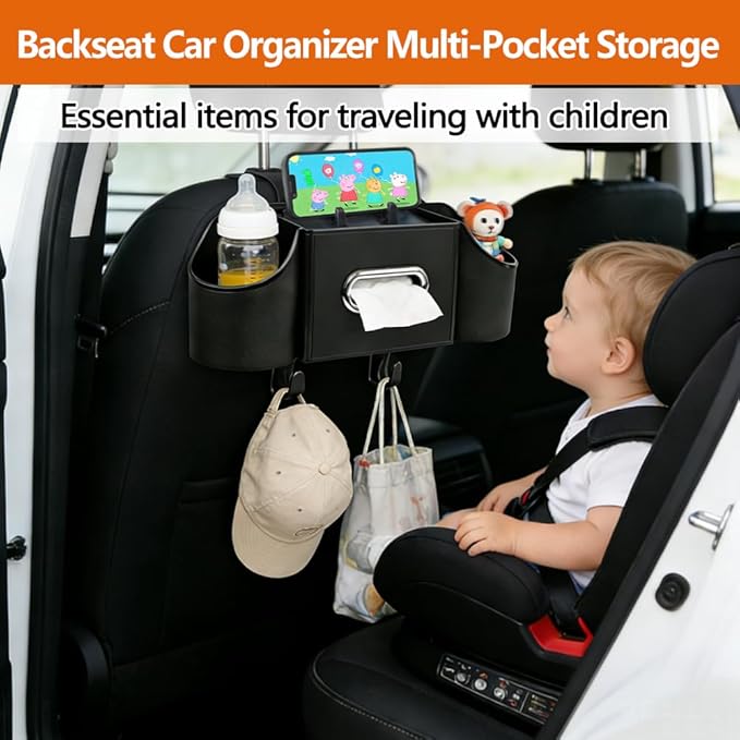 Back Seat Car Organizer with Car Seat Storage Hanging Bag, 4 in 1 Multifunctional Car Seat Back Storage Box, Car Organizer Back Seat with Tray, Hold Phone,Snacks, Drinks, Handbag