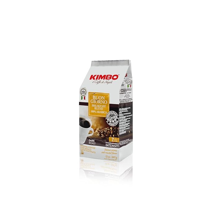 Kimbo Buon Giorno Breakfast Blend 100% Arabica Ground Coffee | Blended & Roasted in Italy | Medium Roast with Flower & Almond Flavor | 12 oz bag
