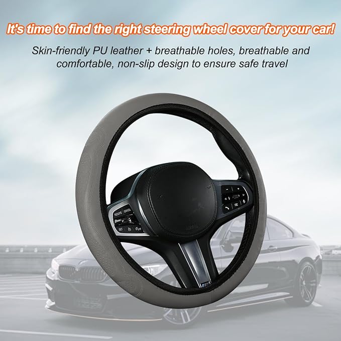 Car Steering Wheel Cover, 15 Inch Leather Soft Elastic Stretch Anti Slip Auto Steering Wheel Wrap Guard, Breathable Vehicle Interior Accessories, Universal for SUV RV Truck (Gray)