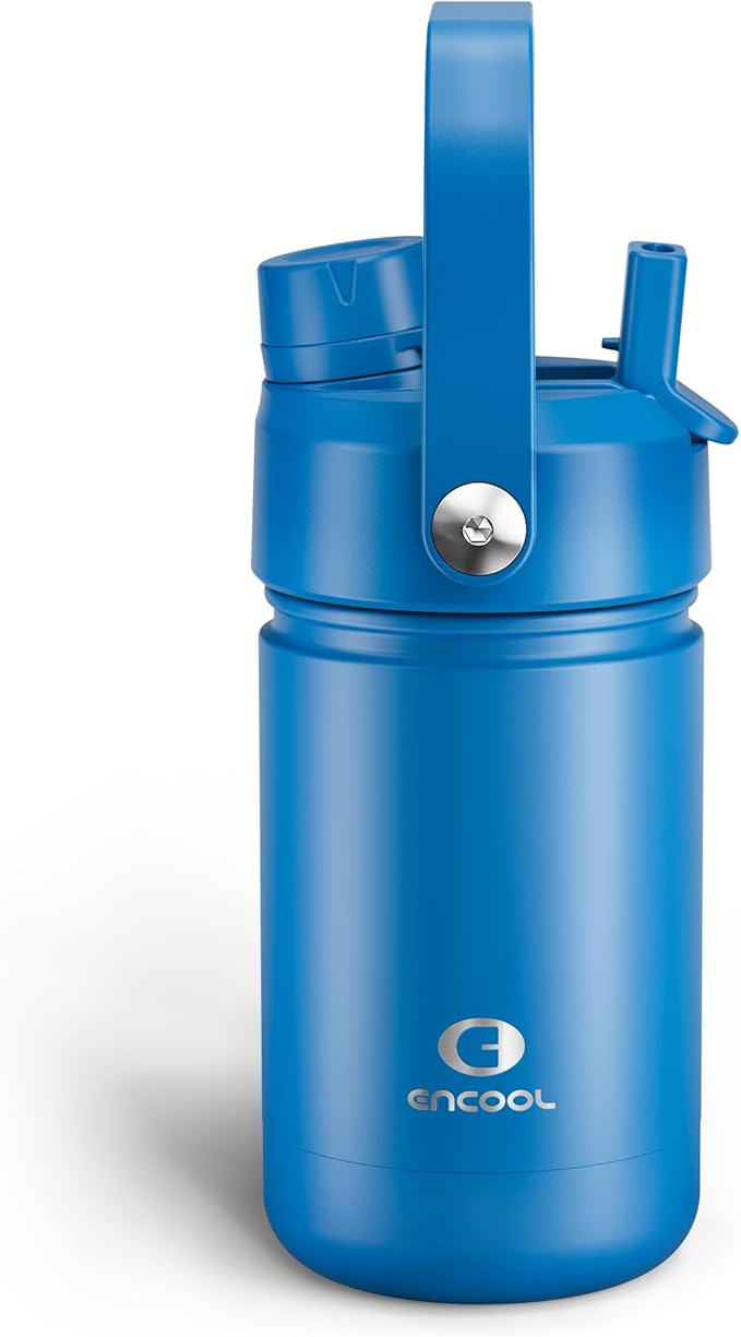 Kids Insulated Water Bottle with Straw - 12oz Stainless Steel Water Bottle with Dual Spouts, Leak-Proof, BPA-Free, Double Wall Vacuum Keeps Cold for 24 Hours for Sports, Travel, School (Celtic Blue)