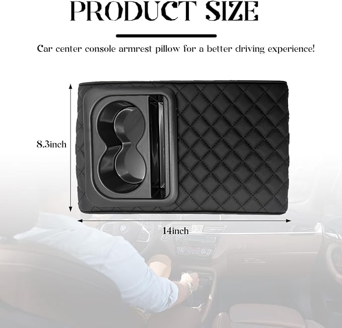 Car Center Console Armrest Pillow, 14"×8.3" Leather Memory Foam Armrest Cushion with Cup Holder & Phone Holder, Waterproof Middle Console Cover Box Protector for Most Vehicle (Diamond Pattern)