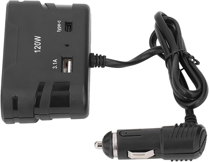 Pilipane Cigarette Lighter Plug Splitter Adapter 1 to 3 Multi Port Power Plug Car Charger with USB and Type C 12V 24V 120W for Car Refrigerators Cameras Mobile Phones ABS Material
