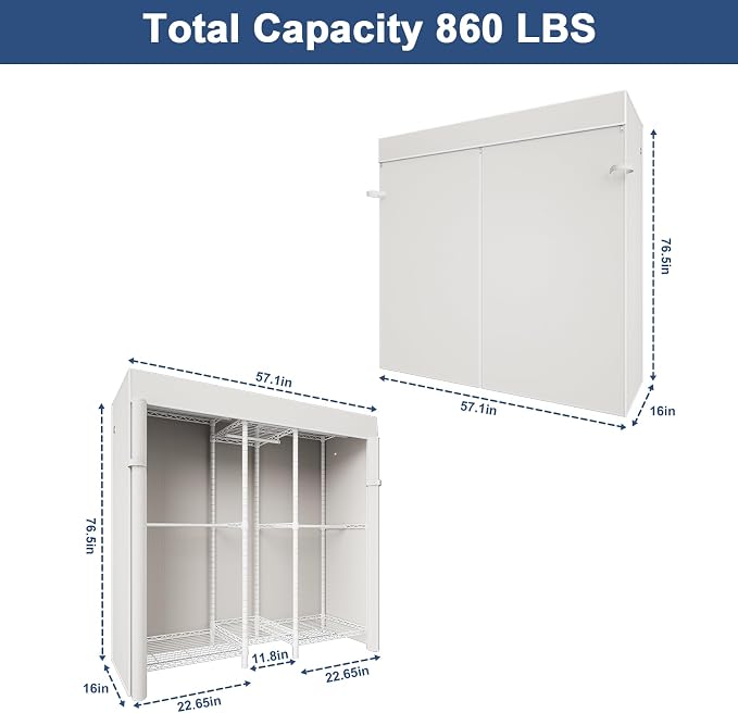 Ulif E12C Heavy Duty Closet Organizer System，Freestanding Clothing Rack, Adjustable Garment Rack 57.1" W x 16" D x 76.5" H Holds 860 lbs, White Clothing Rack with White Dustproof Cover