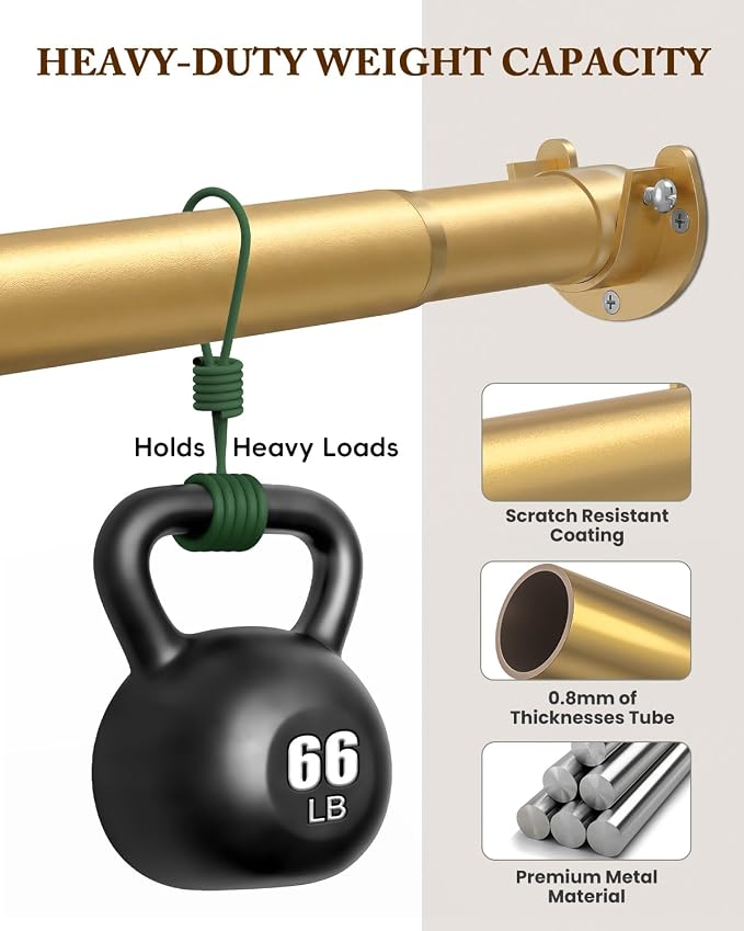 Heavy Duty Closet Rod, 17-99 IN Closet Rods for Hanging Clothes, Gold | Stepless Adjustable, Supports up to 66 lbs, Multiple Size Options, Easy Installation, Multi Purpose , Wall-Mounted