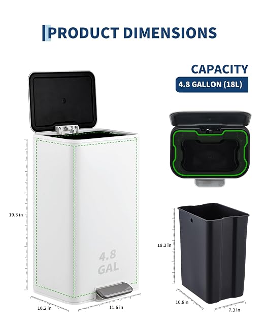 4.8 Gallon/18 Liter Trash Can, Stainless Steel Step Garbage Can with Quiet Soft-Close Lid, Foot Pedal & Removable Inner Bucket, Rectangular Trash Bin for for Small Kitchen Home Garage Office, White