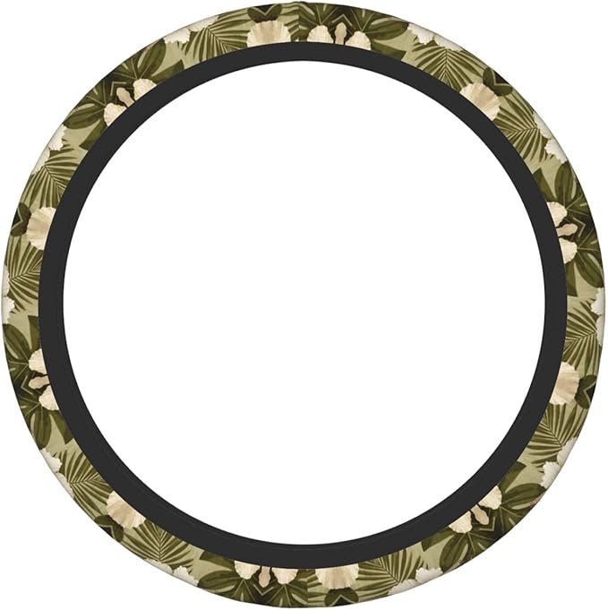 Hawaiian Hibiscuses?Flora Olive Green Car Steering Wheel Cover, 15 Inch Steering Wheel Cover Stylish Decor for Most Cars