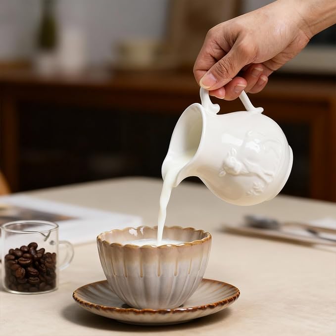 CHOOLD Pure White Ceramic Creamer with Handle,Coffee Milk Creamer Pitcher, Serving Pitcher Sauce-Cow