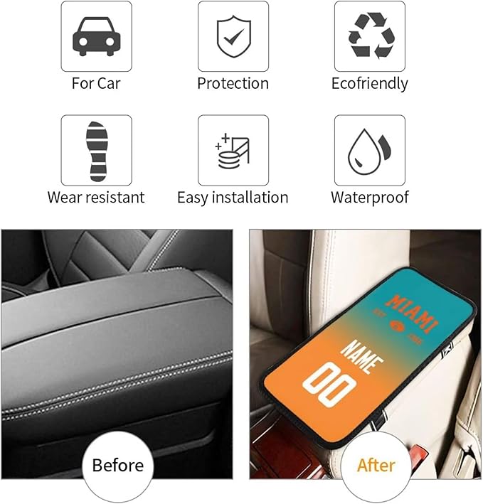 Custom Car Armrest Cover,Add Personalized Name and Number As Gifts for Loyal Football Fans,Auto Center Console Pad Car handrail Box Cushion,Fit for Most Car