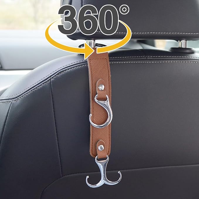 Car Seat Headrest Hook, 2PCS 3 in 1 Leather Vehicle Seat Back Hanger Holder for Grocery Purse Cloth Handbag, Automotive Backseat Storage Organizer, Universal for Truck SUV Sedan (Brown)
