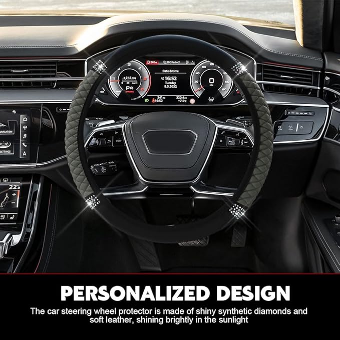 Car Steering Wheel Cover, Steering Wheel Accessories, Breathable Microfiber Leather Auto Wheels Protector, Universal 15 Inch Anti-Slip Protector for SUV Sedan Truck (Bling-Gray)