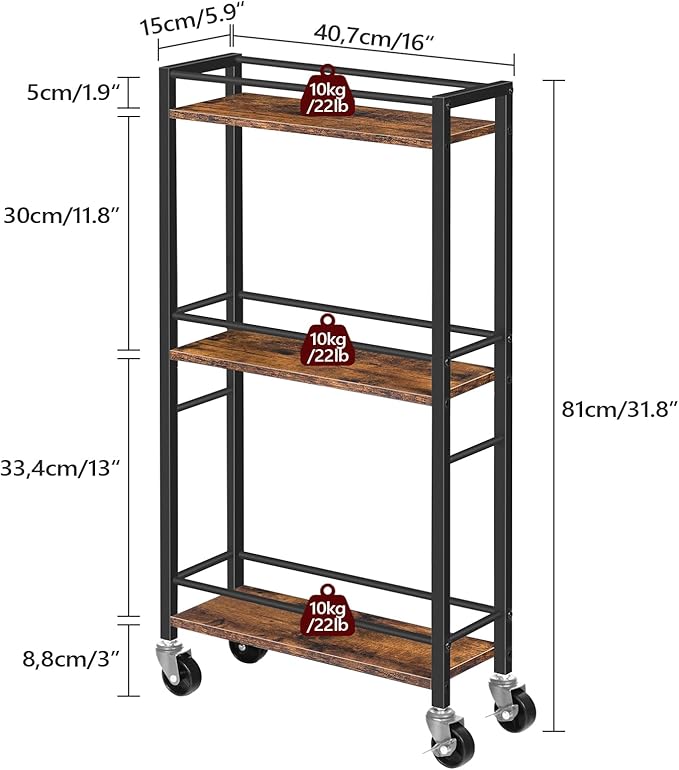 Slim Rolling Cart, Mobile Kitchen Cart on Wheels, Narrow Storage Cart for Small Space, Wooden Service Cart, for Bathroom, Laundry, Living Room, Rustic Brown RCHR1501Z