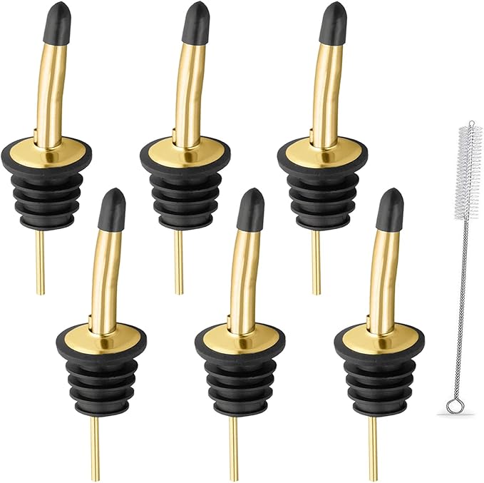 WAFJAMF 6 Pcs Liquor Pour Spouts Set, Stainless Steel Liquor Bottle Pourers with Rubber Dust Caps, for Pours Liquid, Olive Oil, Wine, Vinegar (Gold)