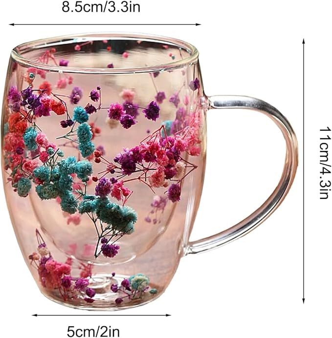 Leilanis Double Wall Glass Coffee Mug, Floral Design, Transparent Cup with Autumn Flowers (style 5)
