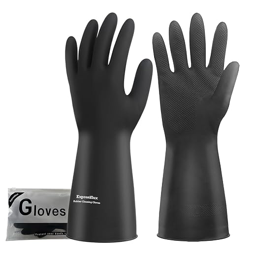 Heavy-Duty Thick Black Rubber Cleaning Gloves, 1 Pair, L | Reusable & waterproof black/orange dual layers. Non-slip design for dishwashing, kitchen cleaning, and auto care.