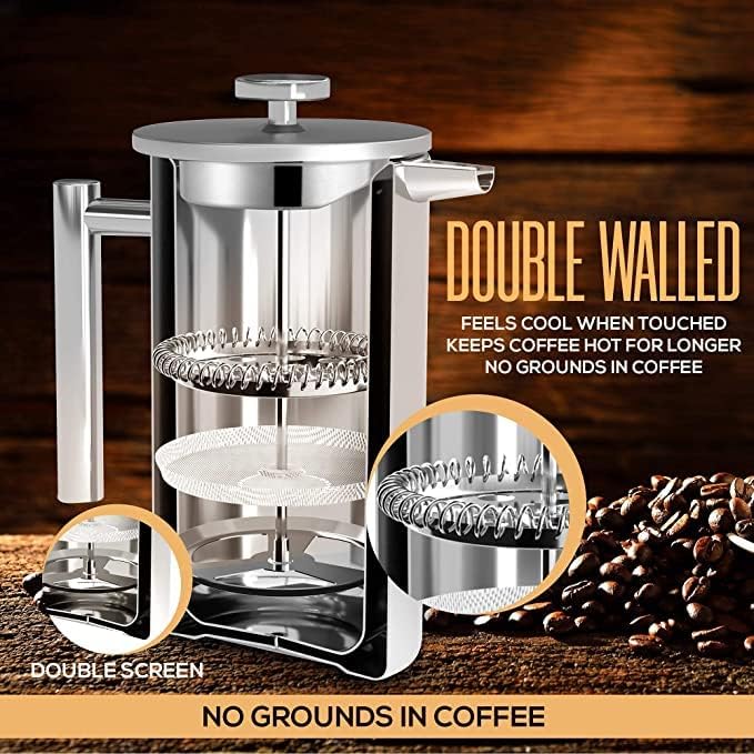 Utopia Kitchen 304 Grade Stainless Steel French Press Coffee Maker 50 Oz, Double Wall Insulated Coffee Press with 4-Level Filtration system, Include 2 Extra Filters, Rust-Free, Dishwasher Safe, Silver