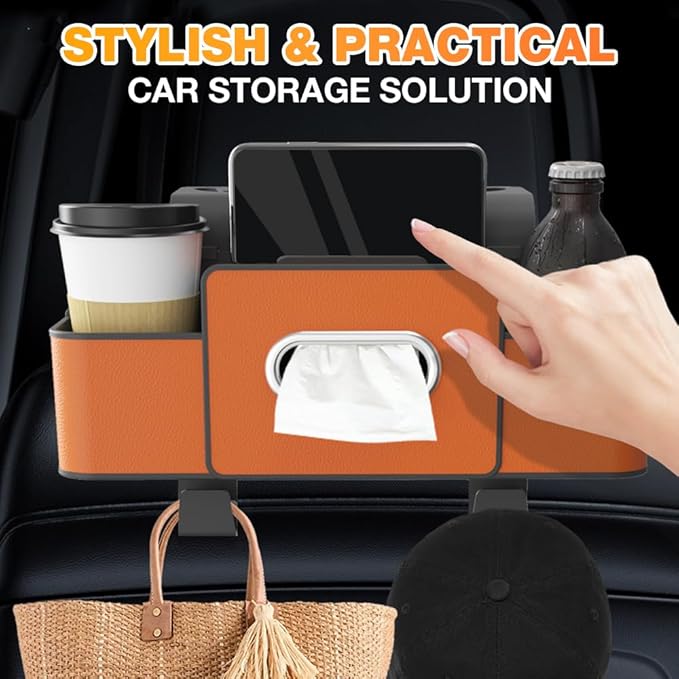Back Seat Car Organizer,3 in 1 Car Backseat Storage Box with Cup Holder,Tissue Box,Trash Bin&Hooks,Multifunctional Waterproof Storage for Hold Phones Snacks Drinks Handbags (1, Brown)