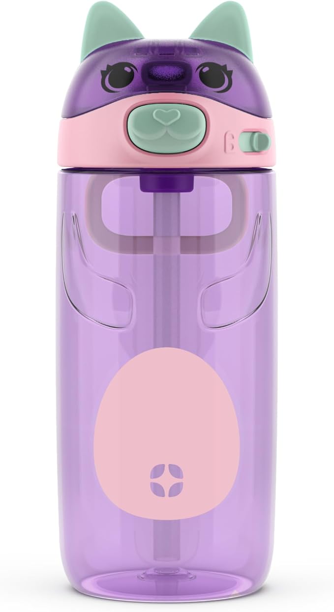Ello Ellies 16oz Plastic Kids Water Bottle with Straw and Built-in Carrying Handle and Leak-Proof Locking Lid for School backpack, Lunchbox and Outdoor Sports, Cat