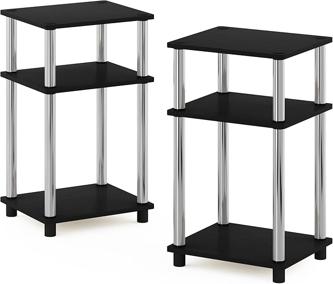 Furinno JUST Side Table Set of 2, 3-Tier End Tables, Open Shelves Night Stand, Nightstand, Toolless Assembly, for Living Room, Bedroom, Americano/Stainless Steel
