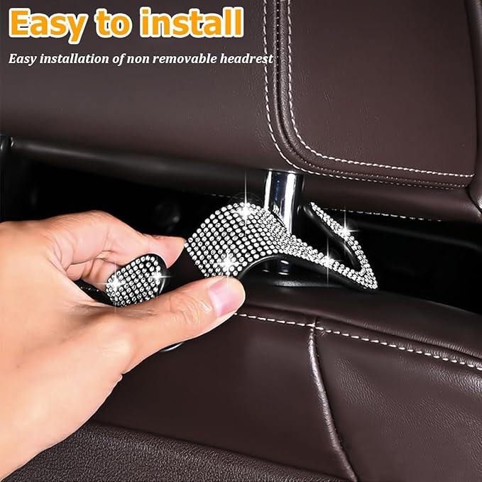 4PCS Bling Car Seat Headrest Hooks, Vehicle Back Seat Purse Handbag Hanging Holder with Crystal Rhinestone, Diamond Storage Organizer Hook, Universal Automotive Accessories (Black/White)