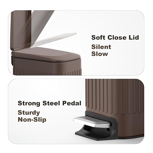 TrashAid Slim Bathroom Trash Can with Lid Soft Close, 6 Liter/1.6 Gallon Stainless Steel Small Garbage Can with Removable Inner Bucket, Step Pedal, Slim Wastebasket for Toilet, Office, Bedroom, Brown