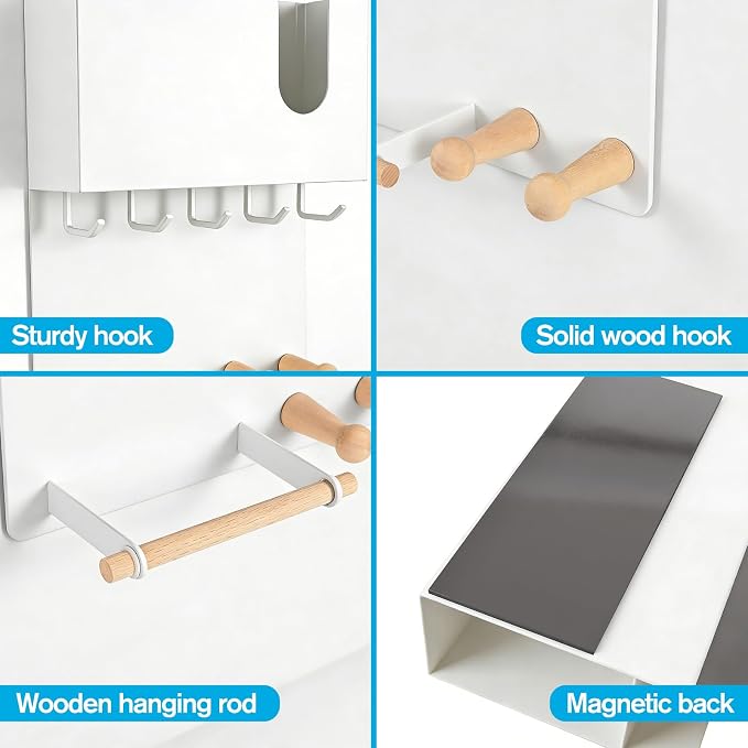 Magnetic Key Holder & Umbrella Holder for Wall, Multi-Functional Entryway Shelf for Tissues. Sturdy Hooks for Keys, Bags. Space Saving Organizer for Apartment, Dorm Room (White)