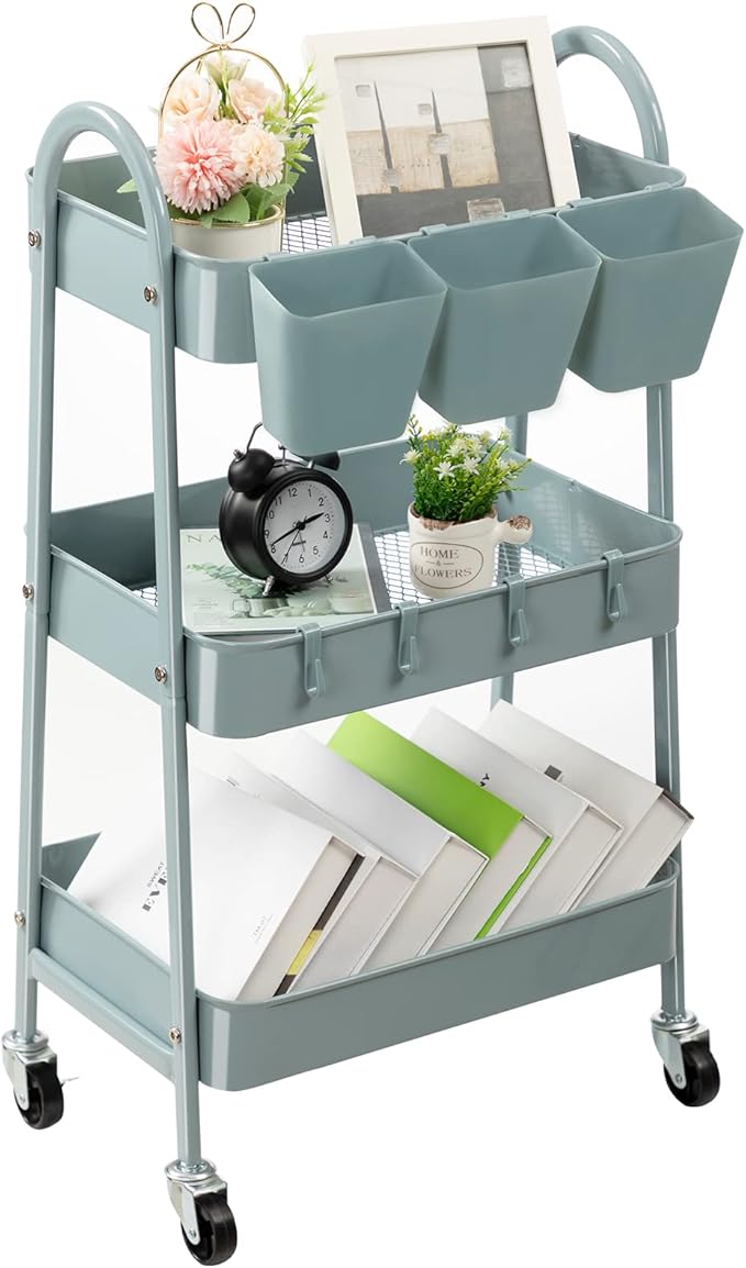 danpinera 3-Tier Rolling Cart, Utility Cart Mobile Metal Rolling Storage Cart with Lockable Wheels & Hanging Cups & Hooks for Kitchen, Bathroom, Office, Workshop, Gray Blue