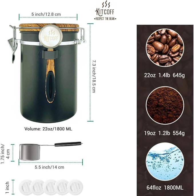 Coffee Grounds and Beans Container Canister with Date Tracker, CO2-Release Valve and Measuring Scoop - Made of Stainless Steel with Airtight Lids - Large, 22oz, Black w/Wood Print Lid
