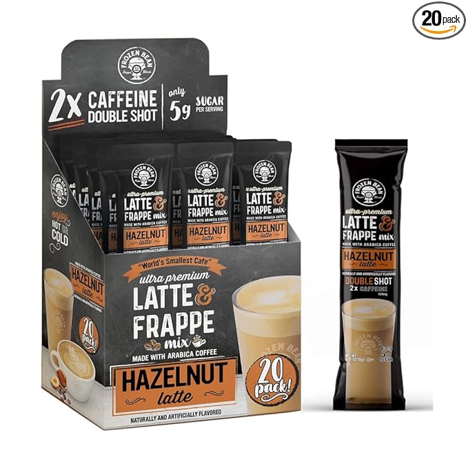 The Frozen Bean Hazelnut Frappe & Latte Instant Mix (20 Sticks), Made with Arabica Coffee, Double Shot Caffeine, Low Sugar & Premium Ingredients, Hot, Iced, or Blended Drinks