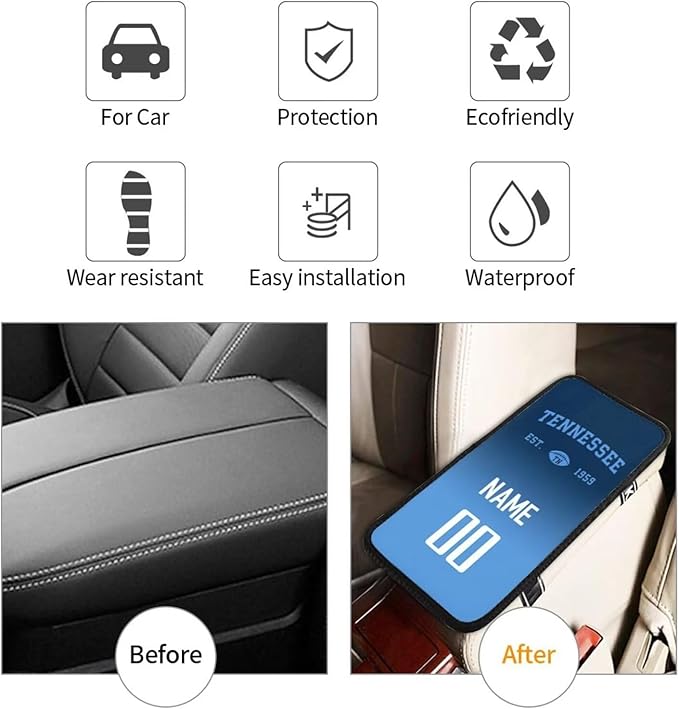 Custom Car Armrest Cover,Add Personalized Name and Number As Gifts for Loyal Football Fans,Auto Center Console Pad Car handrail Box Cushion,Fit for Most Car