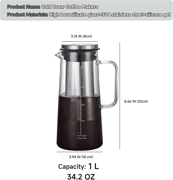 Cold Brew Coffee Maker Borosilicate Glass with 304 Stainless Steel Filter, Tea Infuser Ice Cold Brew Pitcher Kitchen, with Spout Kitchen Iced (34oz (1.0 L))