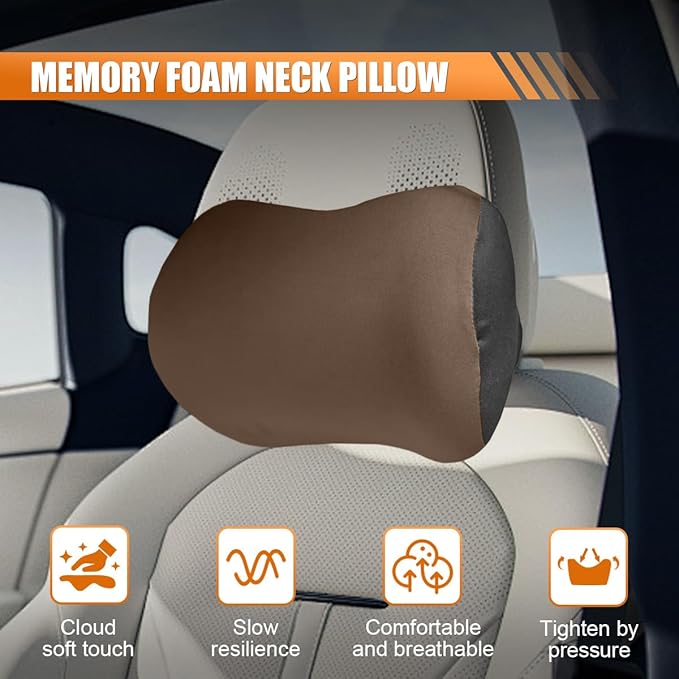 Car Headrest Pillow for Driving - Memory Foam Soft Automotive Neck Support Pillow Cushion with Adjustable Strap - Comfortable Car Seat Headrest Pillow for Neck Pain Pressure Relief (Coffee)