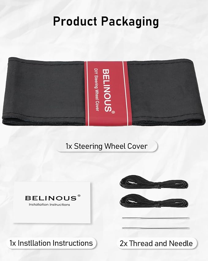 BELINOUS Suede Leather Steering Wheel Cover, DIY Stitch-On Steering Wheel Wrap with Needle & Thread, Non-Slip & Sweat-Absorbing, Universal Fit for 13.75-16 Inch (Size L6, Black)