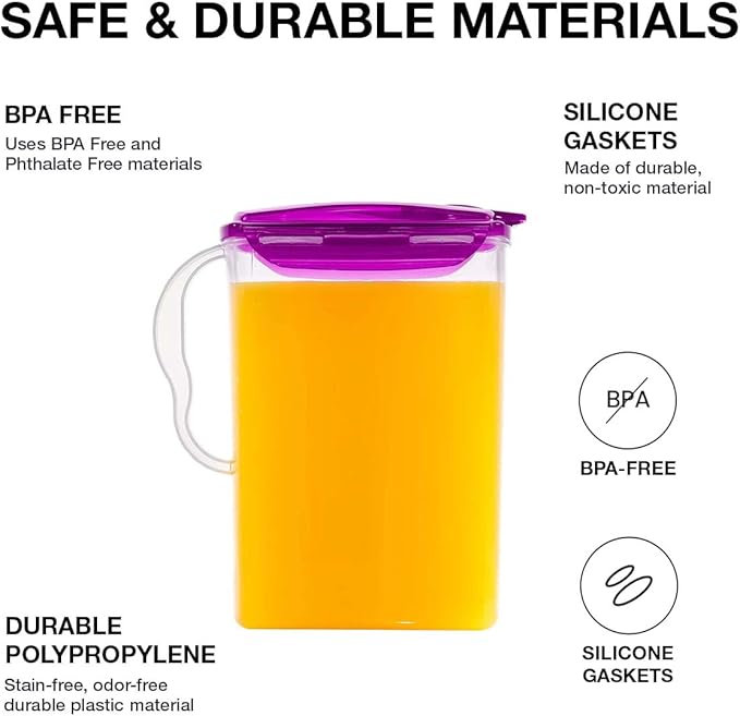 LocknLock HAP607P Aqua Fridge Door Water Jug with Handle, BPA-Free Plastic Pitcher with Flip-Top Lid and Easy-Pour Spout for Water, Juice, Tea, and Other Drinks, 3-Quart, Purple