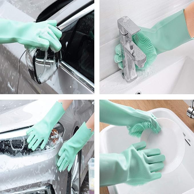 Silicone Dishwashing Gloves, Pet Grooming Rubber Scrubbing for Dishes, Sponge Wash Cleaning with Scrubbers (13.6" L)