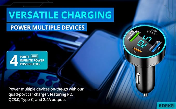 66W Fast Car Charger 4-Port USB C – PD 20W + QC 3.0 + 2 USB 2.4A, Cigarette Lighter Adapter with LED Voltage Meter, Compatible with iPhone 15/14/13, Samsung Galaxy, iPad & Android Devices RDRKR
