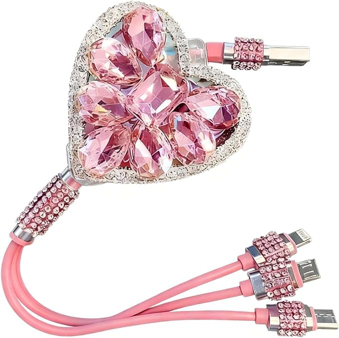 Car Retractable Multi Charging Cable, 3 in 1 Fast Charger Cord, Camellia Patterned/Heart-shaped Diamond-studded Car Charger Cable, Stylish for Women, Compatible with Phone, Tablets (Pink)