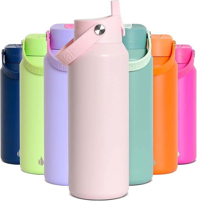 Elemental 40oz Insulated Water Bottle with Straw - 100% Leak-Proof Stainless Steel Core Water Bottles for Travel, Sports and Gym - Double Wall Insulation & BPA Free - Blush Pink