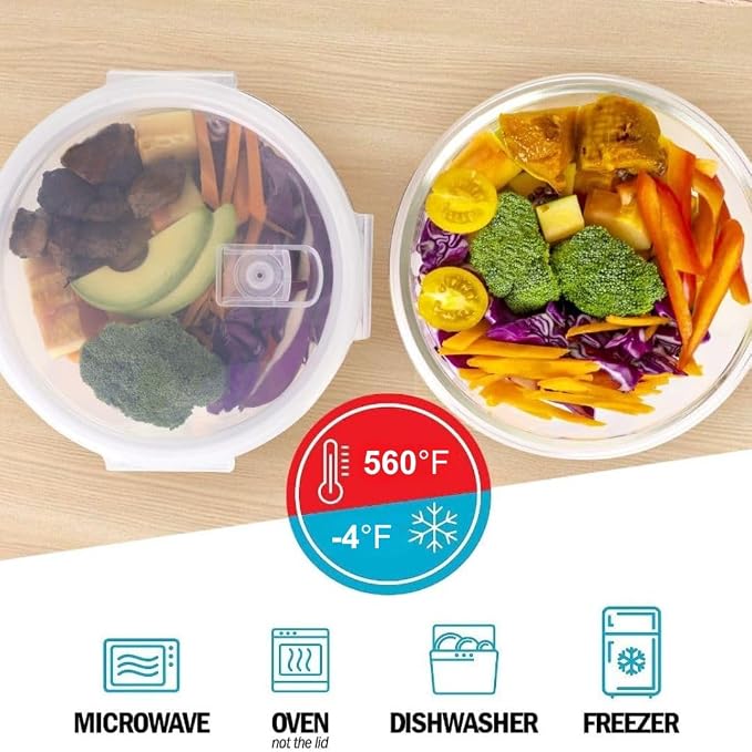 Igluu Meal Prep Round Glass Containers with Air Vent Lids (5 Pack+Extra Lid) – Airtight & BPA-Free – Oven, Microwave, Freezer and Dishwasher Safe – 32oz – Durable Borosilicate Glass