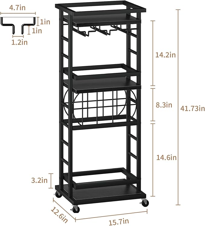 4 Tier Bar Cart with Wheels, Home Bar Serving Cart, Rolling Mini Wine Cart with Wine Rack and Glass Holder, Drink Cart for Dining Room, Living Room, Kitchen, Bar and Outdoor Black
