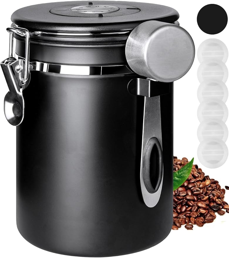 INFTYLE Coffee Canister with Airtight Lid, 22oz, 60 fl oz White, Stainless Steel Air Tight Lid Container with Date Tracker and Scoop Food Storage Jar for Coffee Bean (Black)