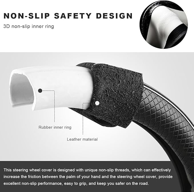 Car Steering Wheel Cover, 15 Inch Anti-Slip Breathable Leather Auto Steering Wheel Protector, Full Surround Soft Steering Wheel Cover for Men Women, Car Interior Accessories (Black)