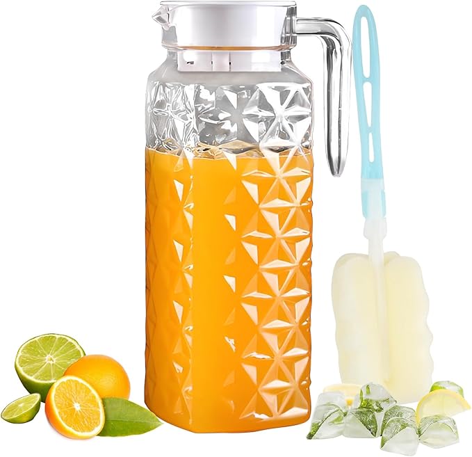 1 Pack 1.1L Plastic Jugs with Lid and Handle, Acrylic Juice Jug, Transparent Fridge Water Pitcher, Unbreakable, Easy to Clearn Water Jug for Iced Tea, Lemonade, Cold or Hot