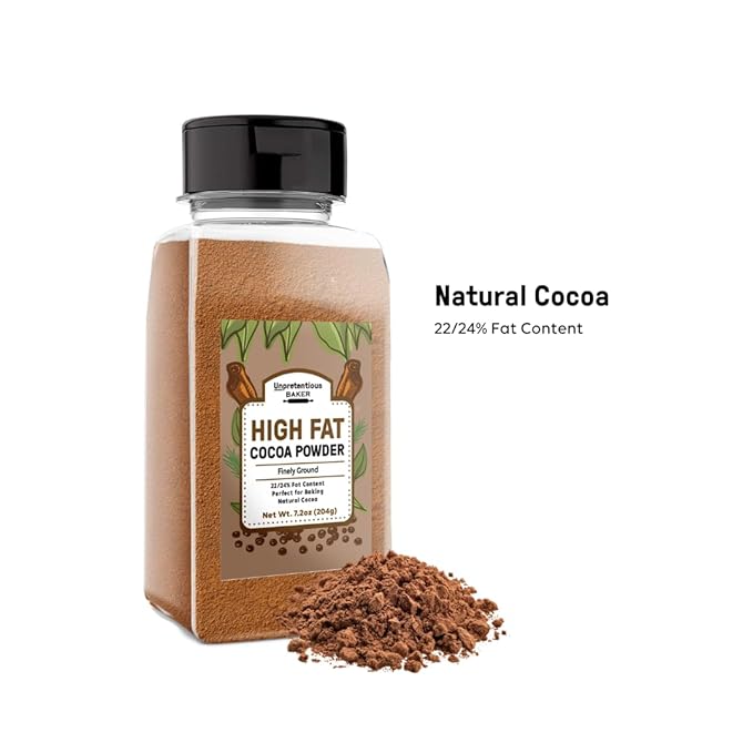 Unpretentious High Fat Cocoa Powder, Smooth & Natural, 22-24% Fat Content, Baking Essential (7.2 Ounce)