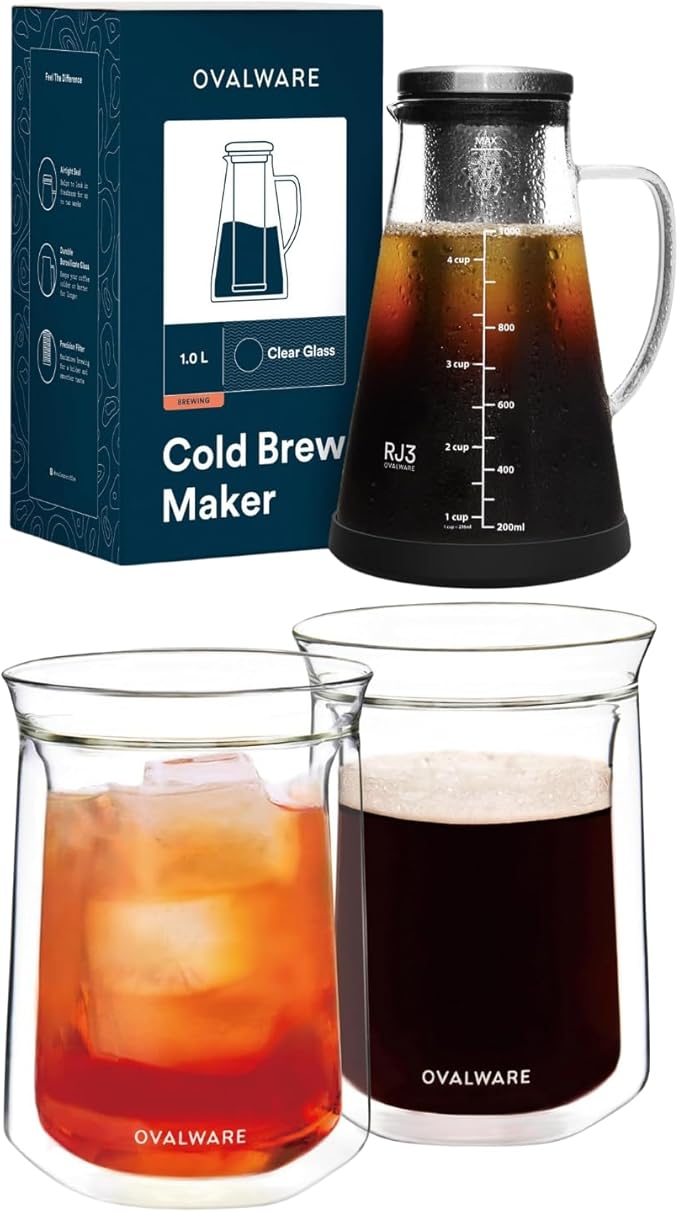 Airtight Cold Brew Iced Coffee Maker 1.0L with Double Wall Single Lip Insulated Glass Cup