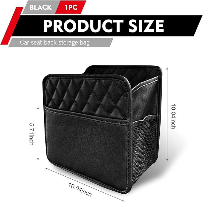 Backseat Car Organizer, 10" x 10" PU Leather Hanging Storage with Side Pockets, Multifunctional Auto Backseat Organizer, Large Capacity Waterproof Garbage Can for Most Cars Vehicles (Black)