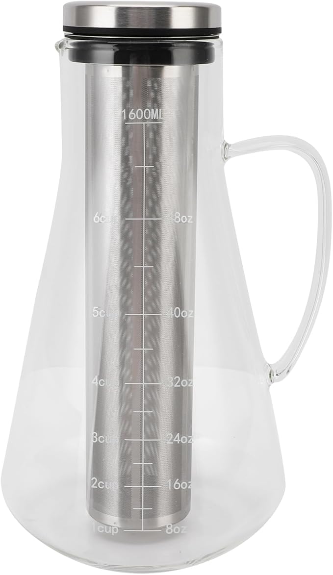 1600ML Mason Jar Pitcher with Stainless Steel Filter, Cold Brew Coffee Maker, Pour Spout Handle Lid, Airtight Leak Proof, Designed for Durability, Smoother and Rich Coffee Flavor