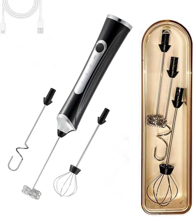 Handheld Electric Milk Frother with 2 Heads, Coffee Whisk Foam Mixer with USB Rechargeable 3 Speeds, Foam Maker Blender for Latte, Cappuccino, Hot Chocolate, Egg (Black with 3Head+Box)